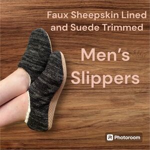 Men’s Fuzzy Baba Slipper Socks. Sherpa Lined. Suede Trimmed. Size M/L Black.